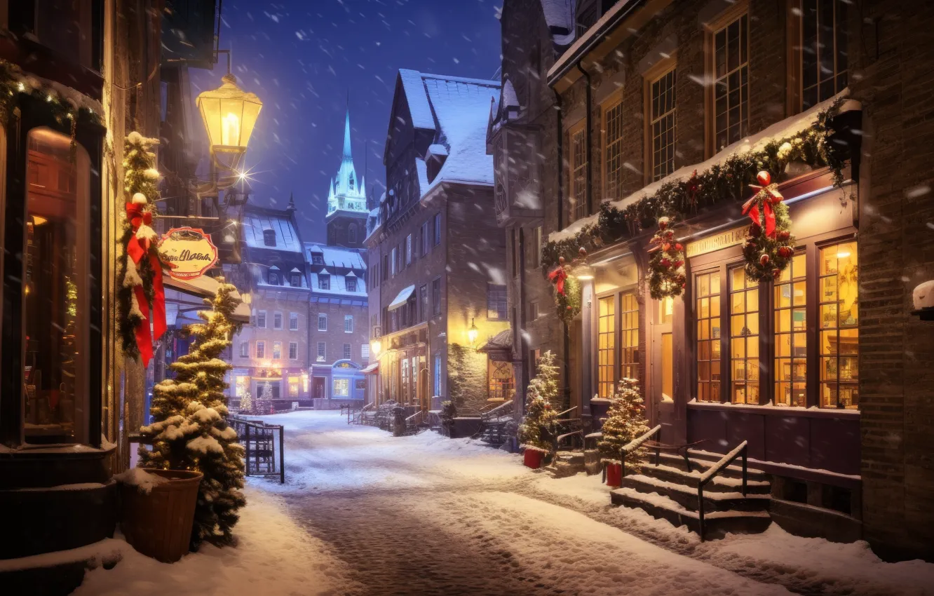 Фото обои зима, снег, город, здания, дома, Рождество, Новый год, ИИ-арт