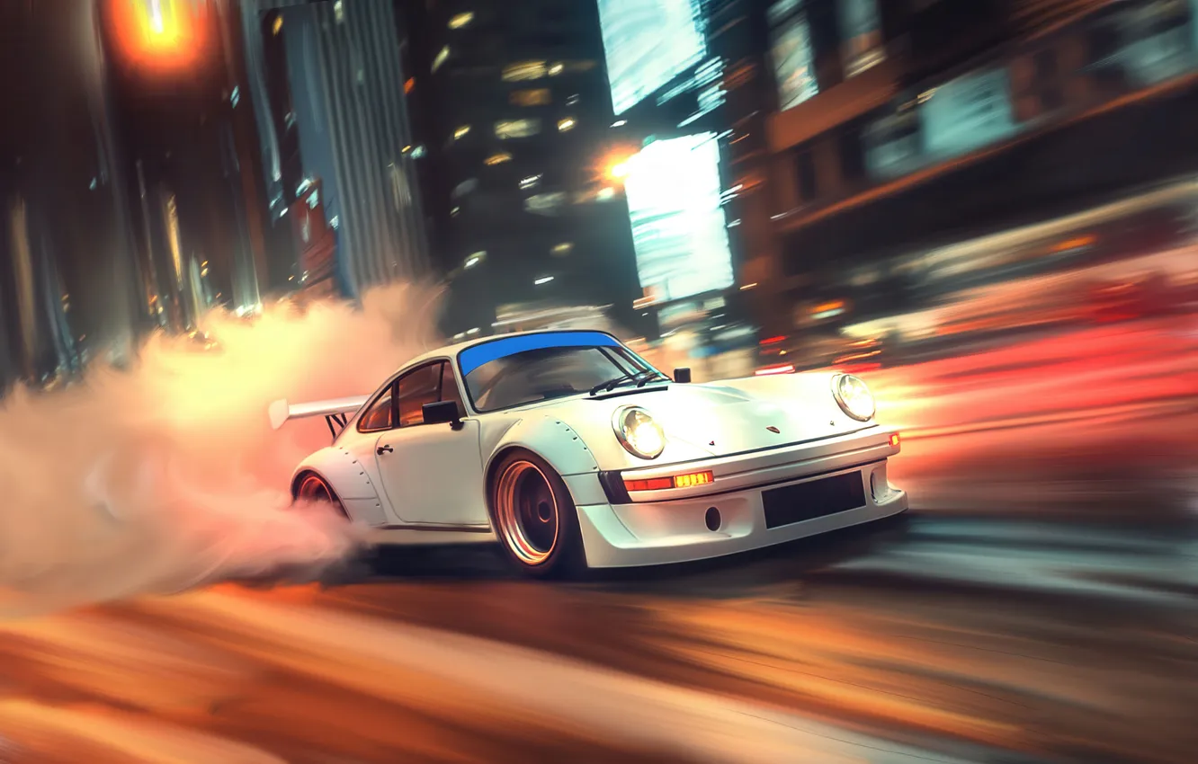 Фото обои city, white, porsche, roar