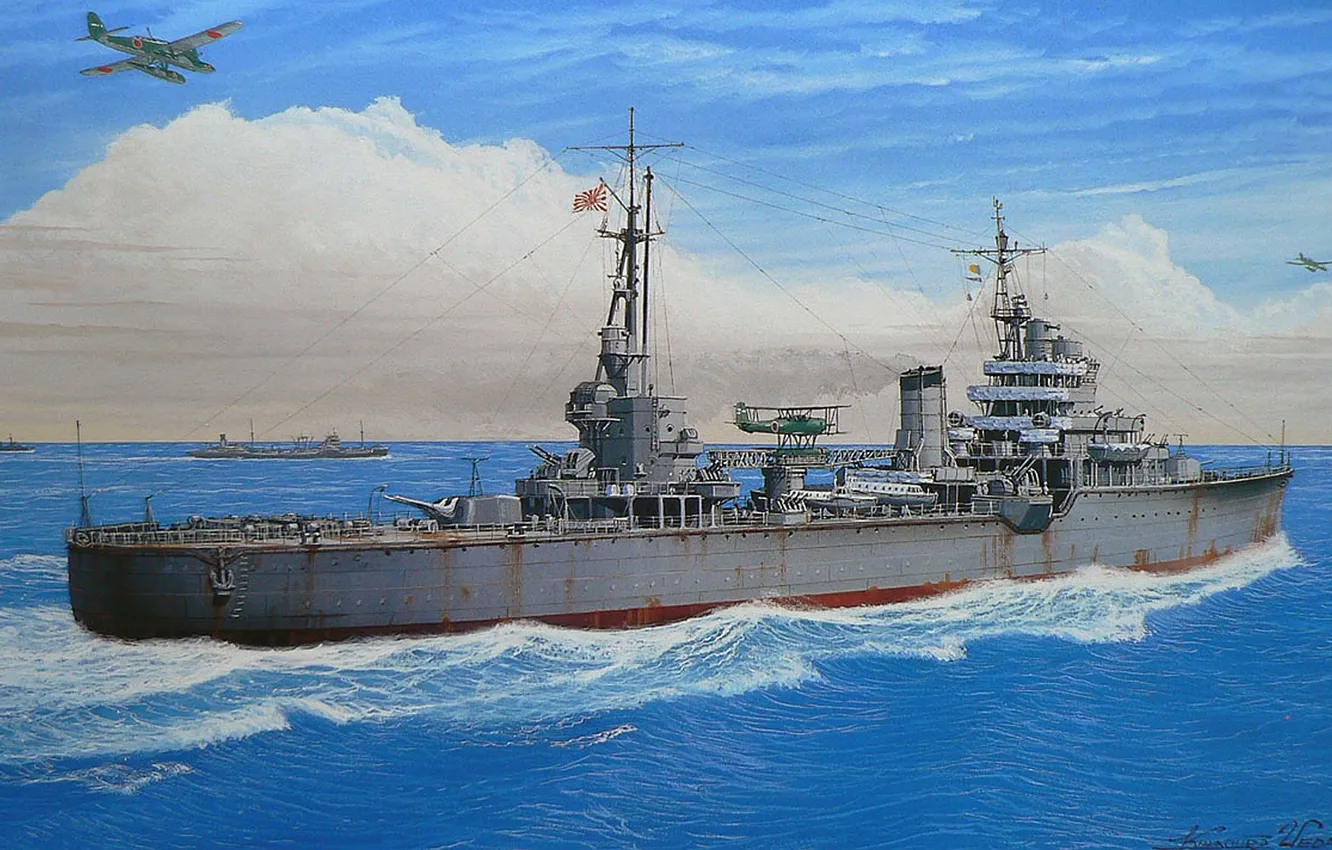Фото обои море, небо, рисунок, арт, крейсер, японский, WW2, назначения