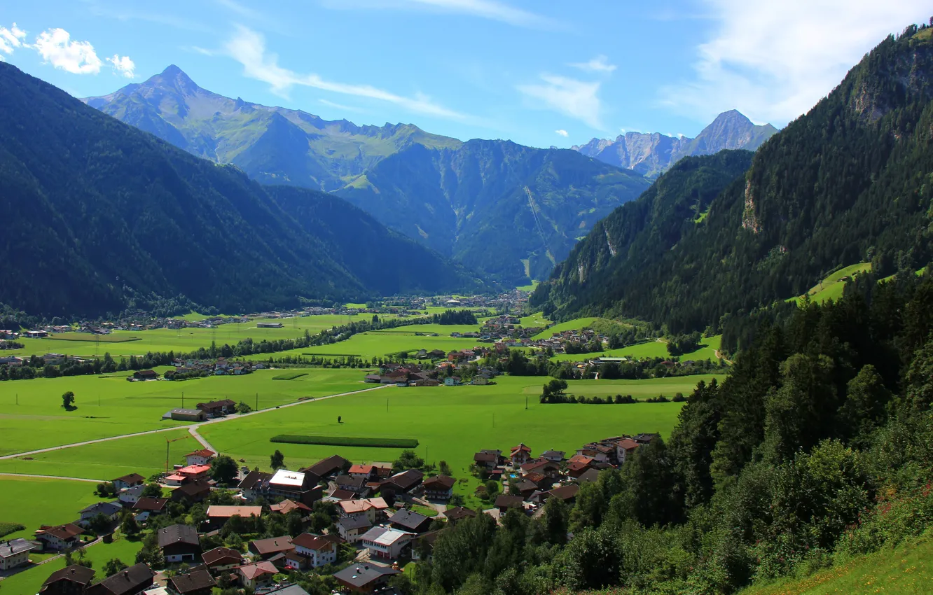 Фото обои небо, деревья, горы, поля, дома, Австрия, долина, Schwendau Village