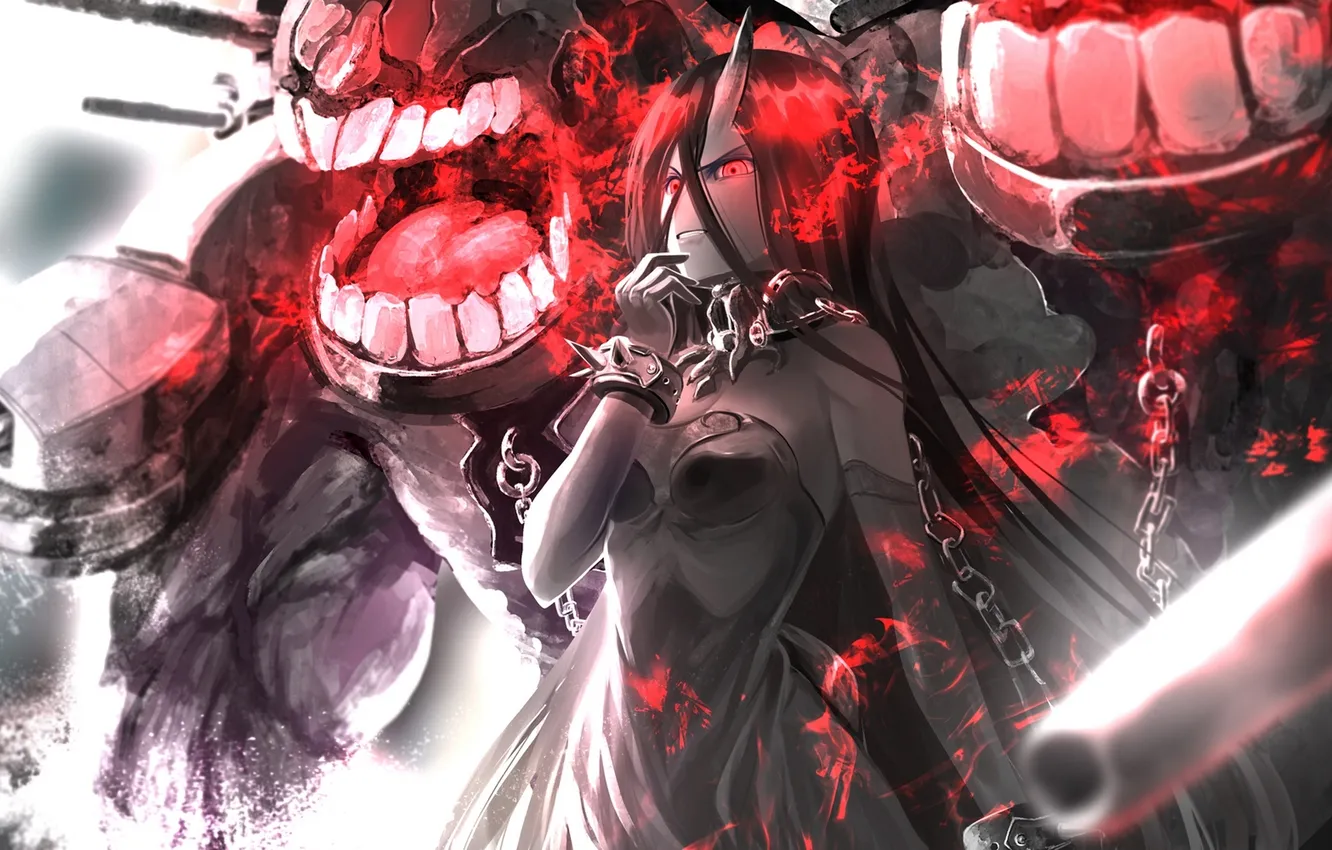 Фото обои девушка, оружие, монстр, зубы, аниме, арт, цепи, kouji