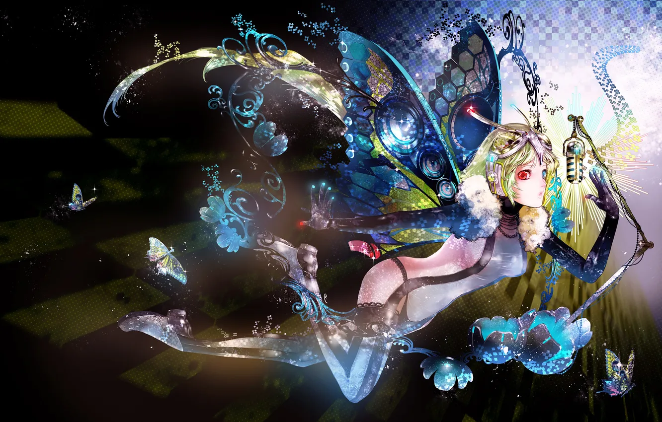 Фото обои бабочки, Девушка, крылья, наушники, микрофон, гетерохромия