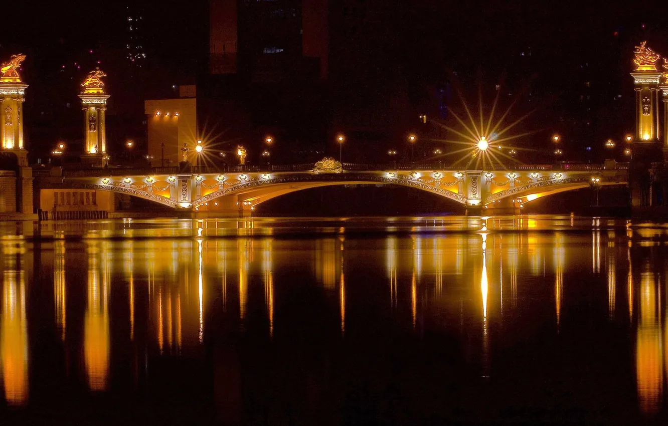 Фото обои ночь, мост, огни, отражение, Город, панорама