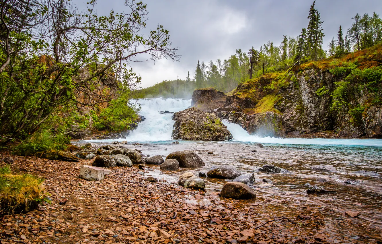 Фото обои деревья, камни, водопад, США, речка, Lake Clark National Park