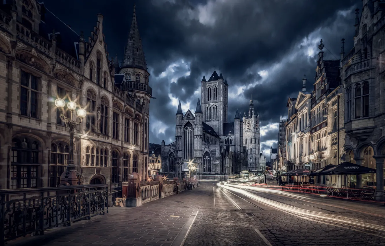 Фото обои дорога, свет, ночь, город, вечер, выдержка, Бельгия