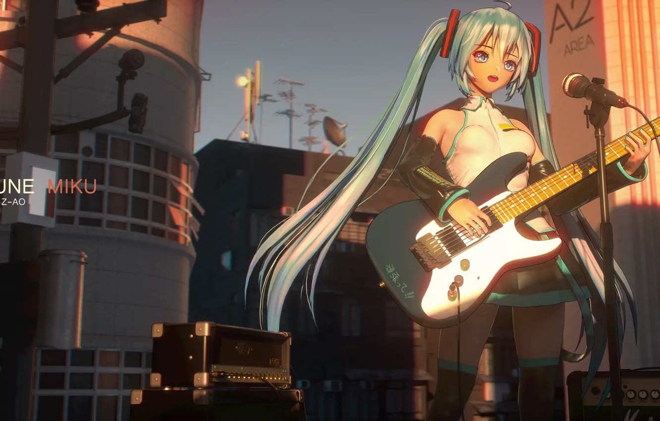 Фото обои гитара, микрофон, vocaloid, Hatsune Miku, длинные волосы, вокалоид, усилитель, на крыше