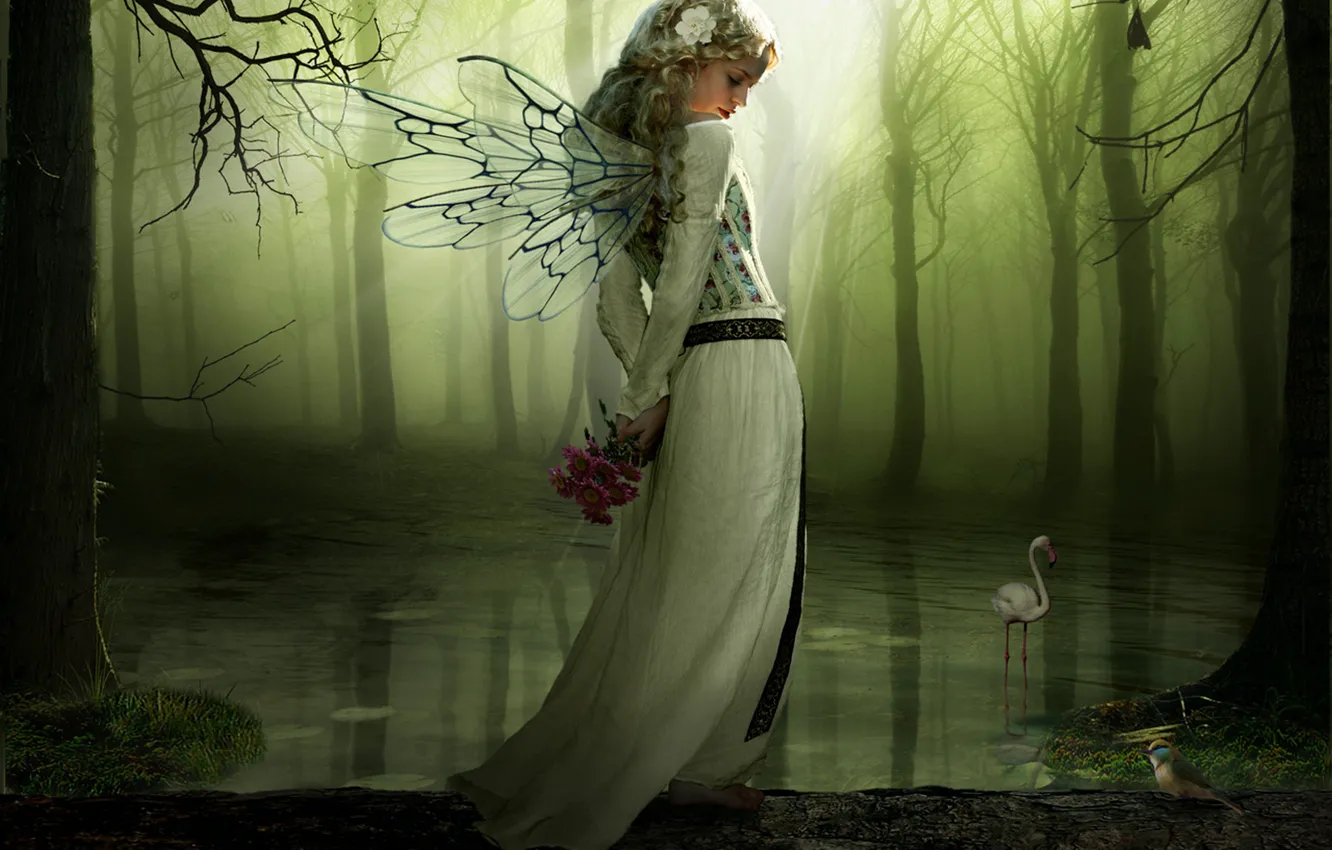 Фото обои лес, девушка, цветы, озеро, крылья, бревно, сказачно