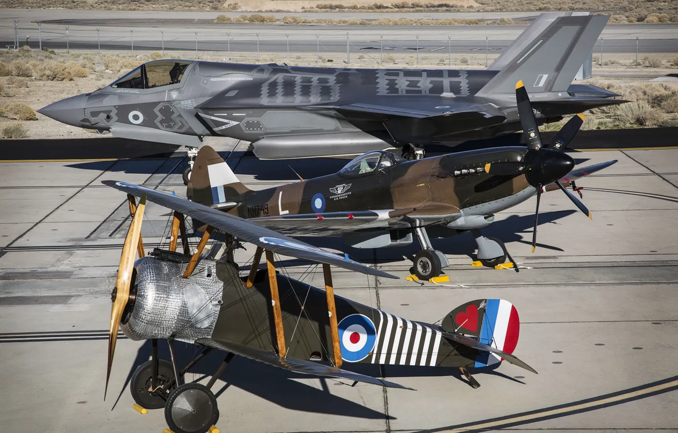 Фото обои истребители, F-35B, Spitfire Mk. XIV, Camel (replica)