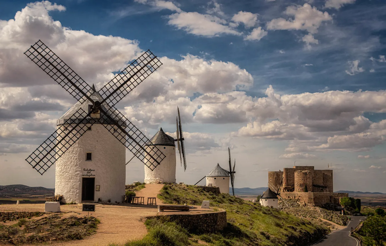 Фото обои замок, Испания, ветряная мельница