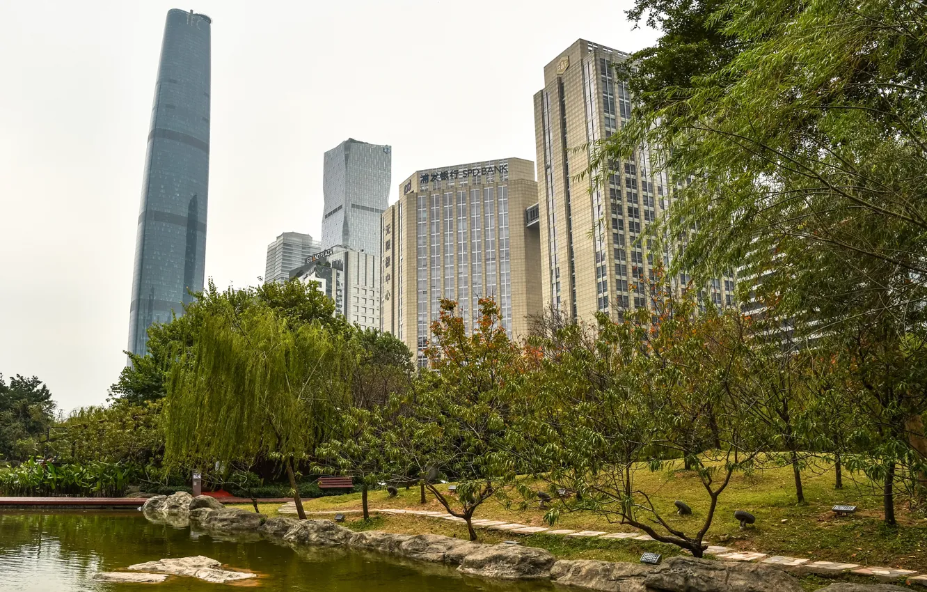 Фото обои деревья, пруд, парк, камни, здания, дома, небоскребы, Китай