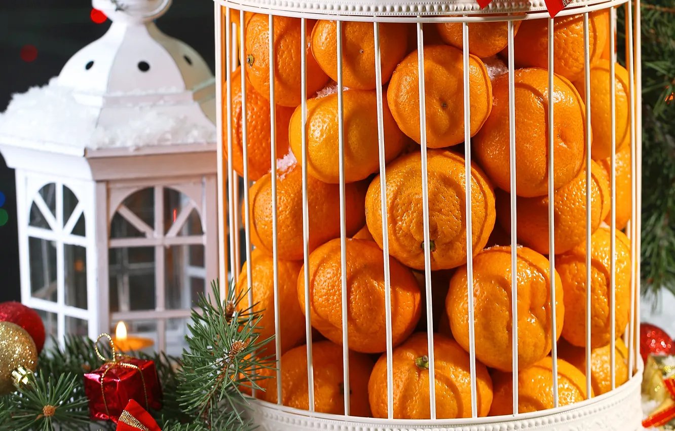 Фото обои украшения, Новый Год, Рождество, фрукты, Christmas, мандарины, decoration, Merry