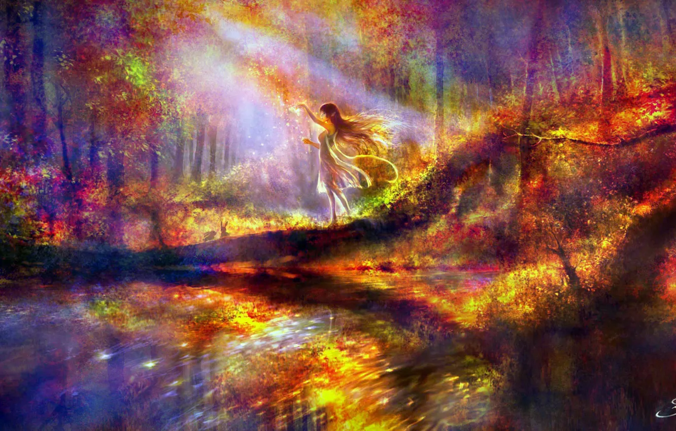 Фото обои осень, лес, девушка, пруд, фэнтези, кролики, эльфийка