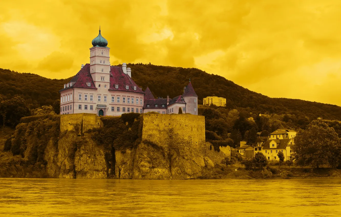 Фото обои желтый, город, фото, фон, замок, Австрия, Schoenbuehel