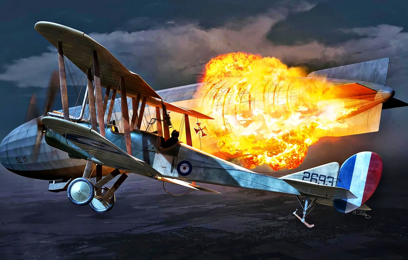 Фото обои Огонь, Взрыв, Биплан, Дирижабль, WWI, Royal Aircraft Factory, B.E.2C