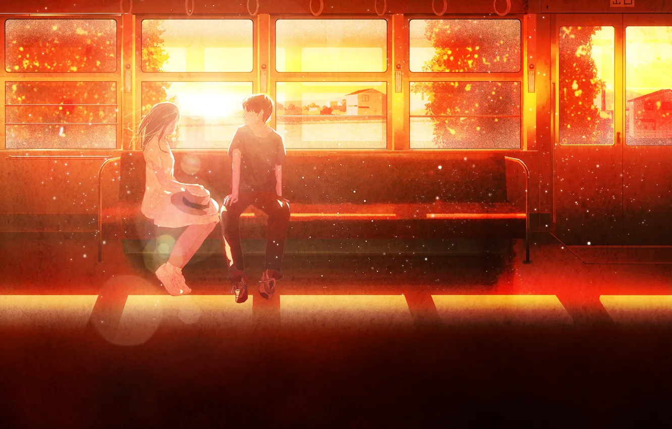 Фото обои девушка, поезд, парень, солнечные блики