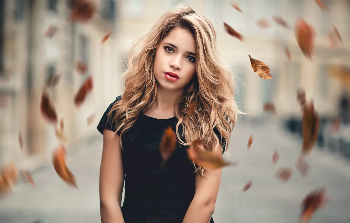 Фото обои осень, листья, ветер, портрет, губки, Gaetan Habrand