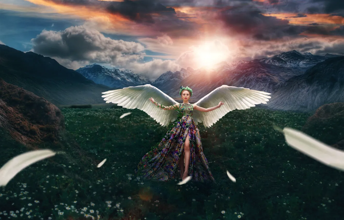 Фото обои девушка, солнце, пейзаж, цветы, горы, тучи, бабочка, крылья