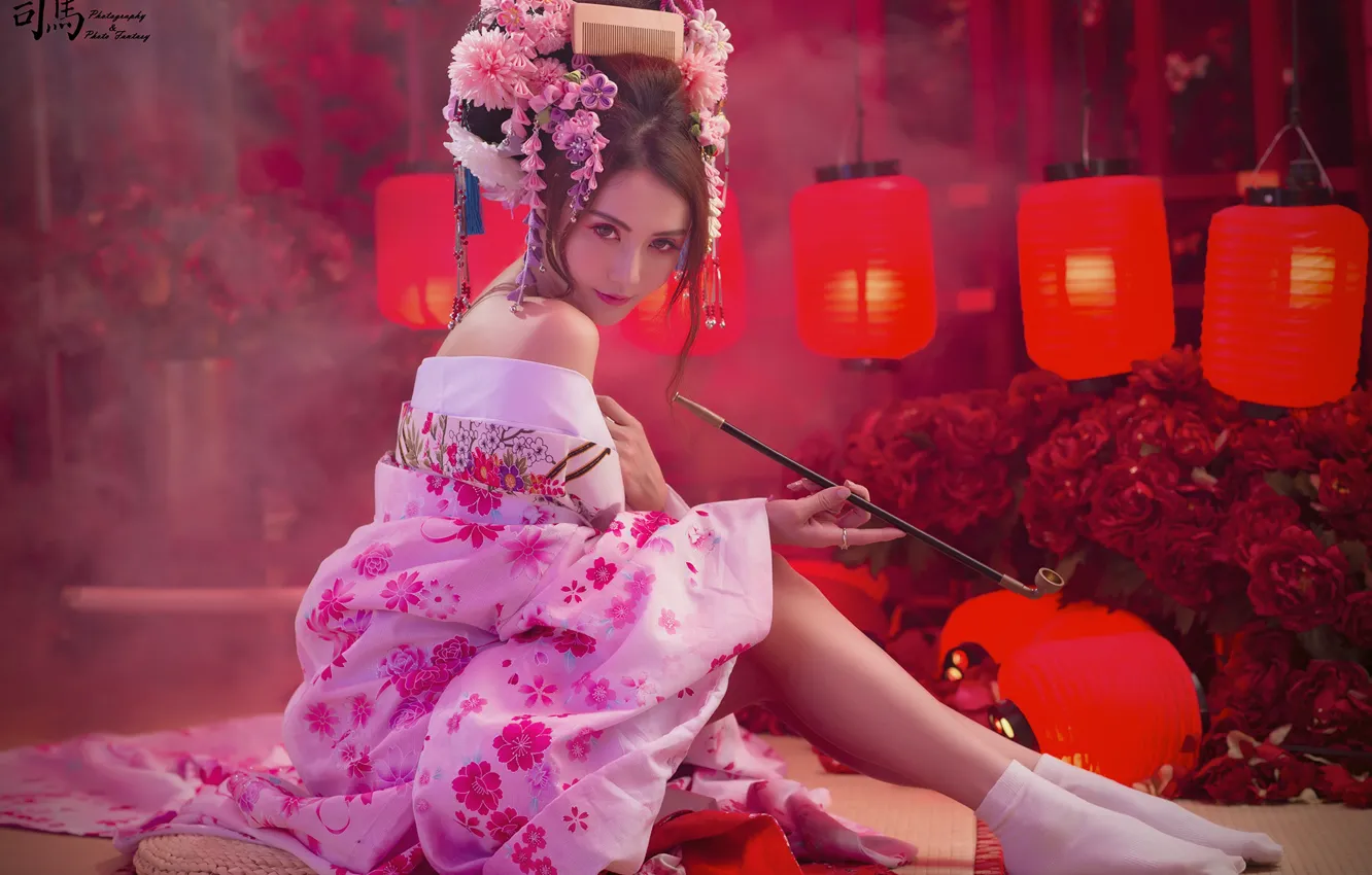 Фото обои девушка, прическа, наряд, азиатка