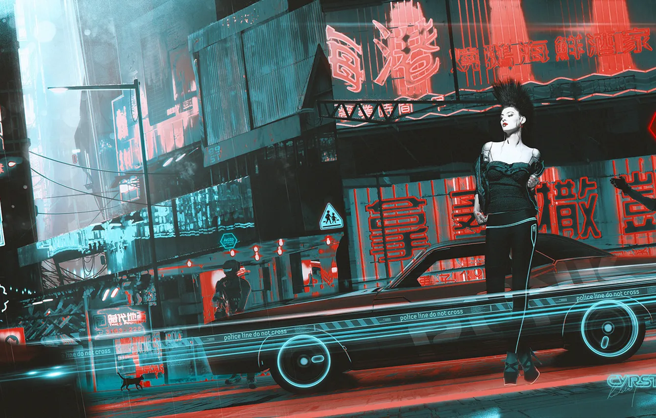 Фото обои машина, кот, девушка, фантастика, улица, art, cyberpunk, punk