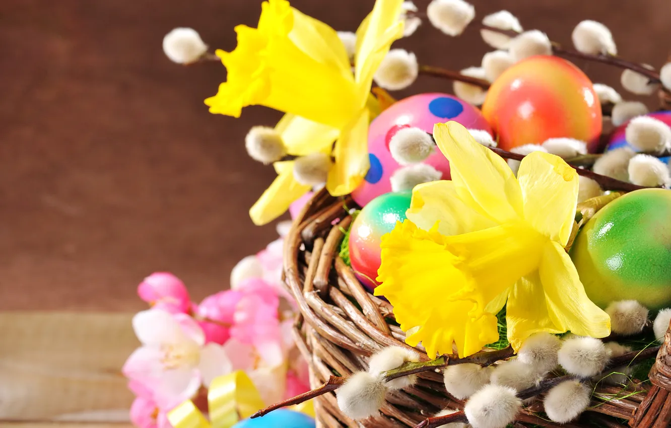 Фото обои цветы, корзина, яйца, весна, Пасха, верба, Spring, нарциссы