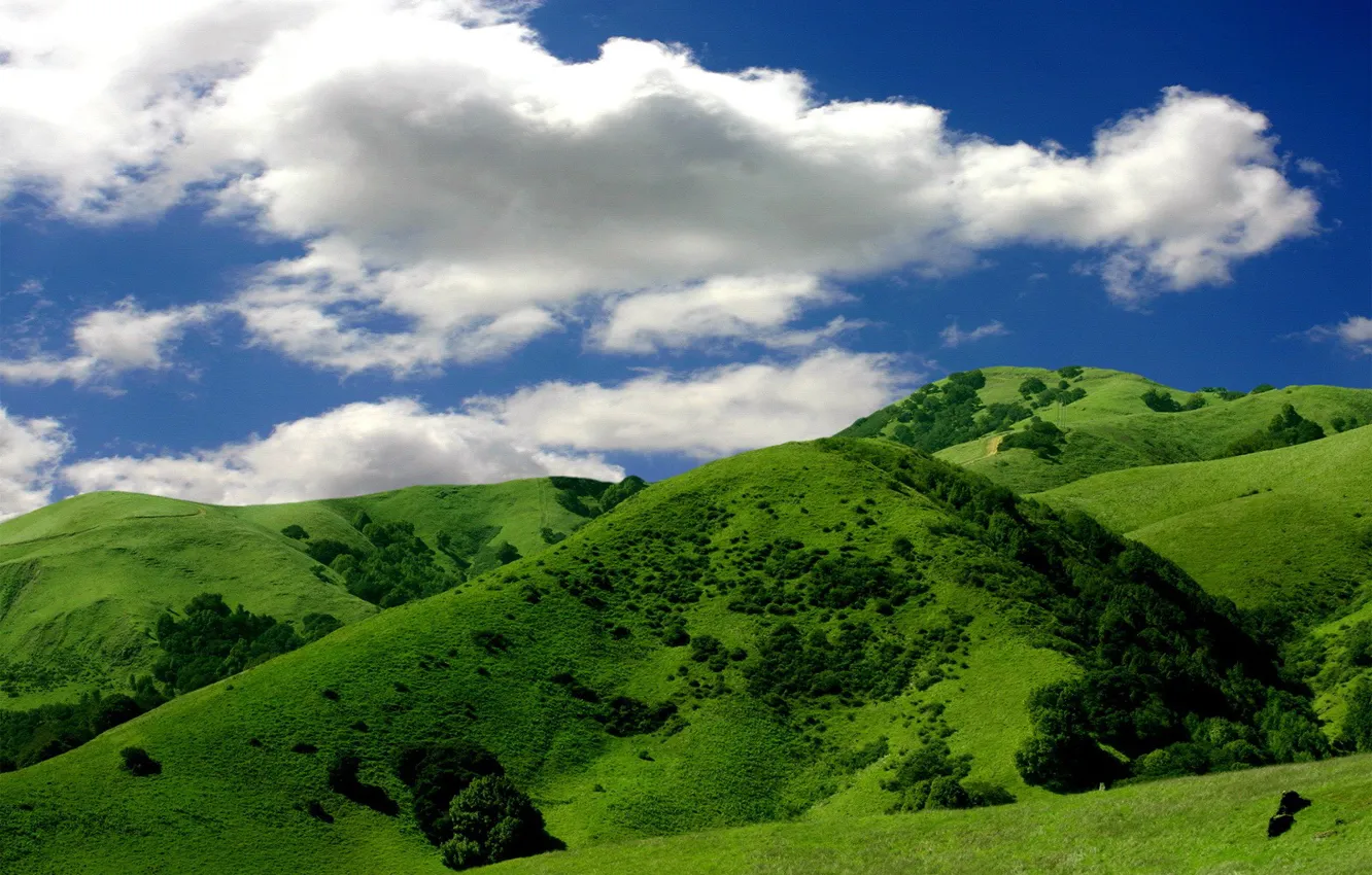 Фото обои небо, облака, зеленый, холмы