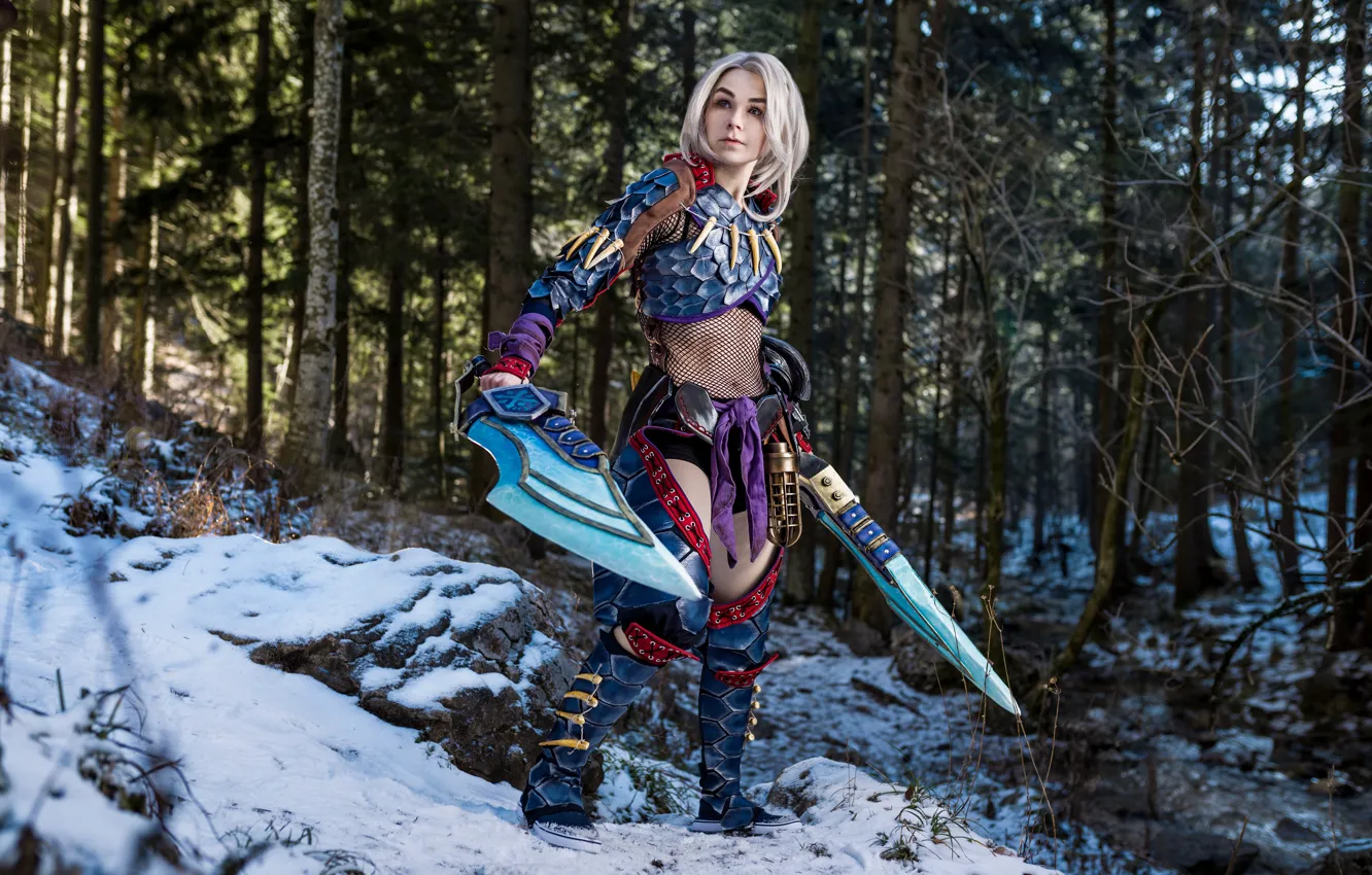 Фото обои лес, снег, деревья, оружие, меч, forest, trees, snow