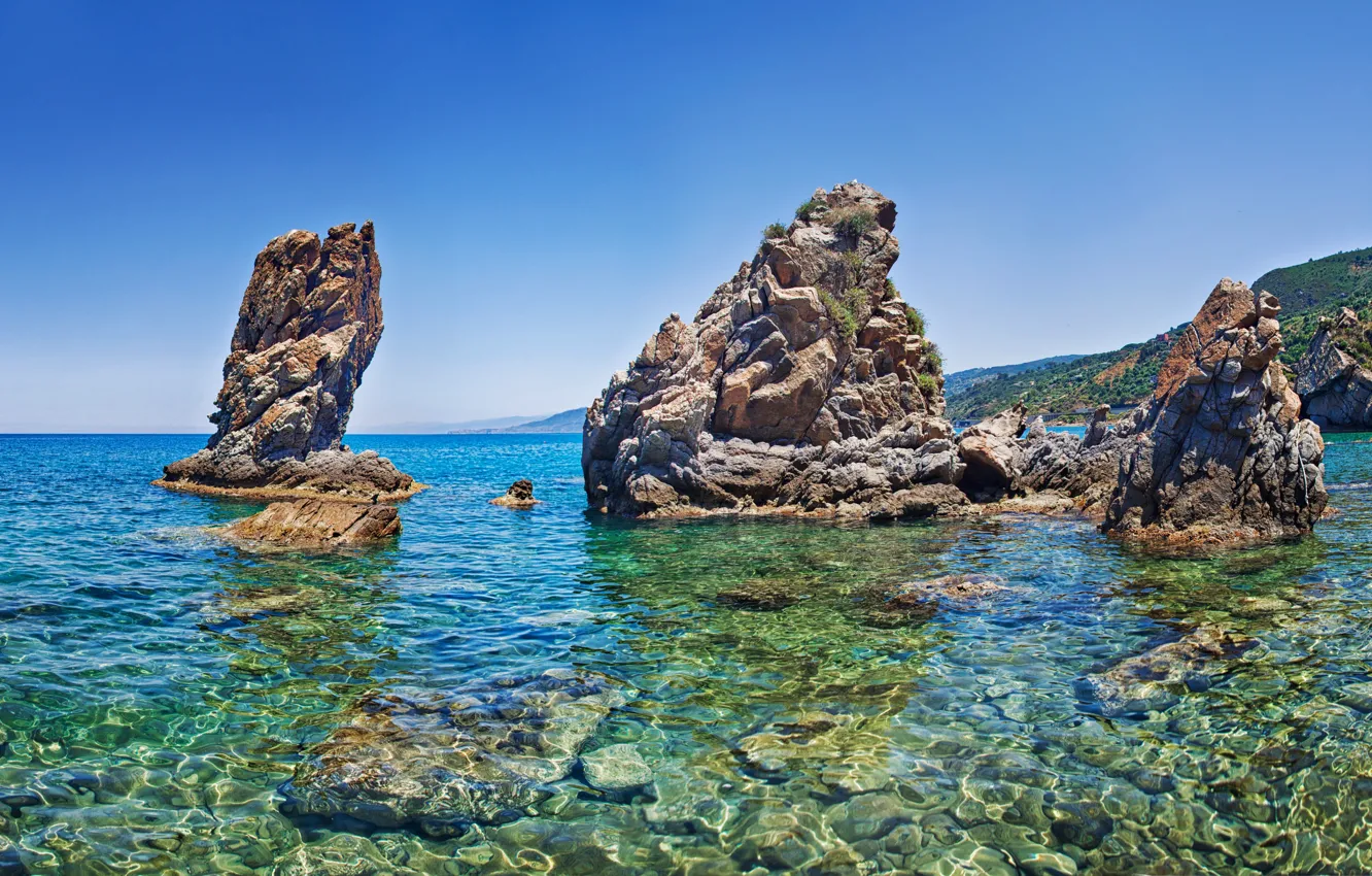 Фото обои Море, Камни, Италия, Пейзаж, Italy, Italia, Sea, Сицилия