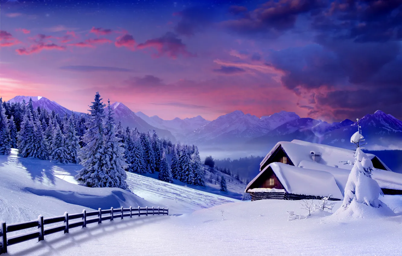 Фото обои зима, снег, елки, деревня, хижина, landscape, winter, snow