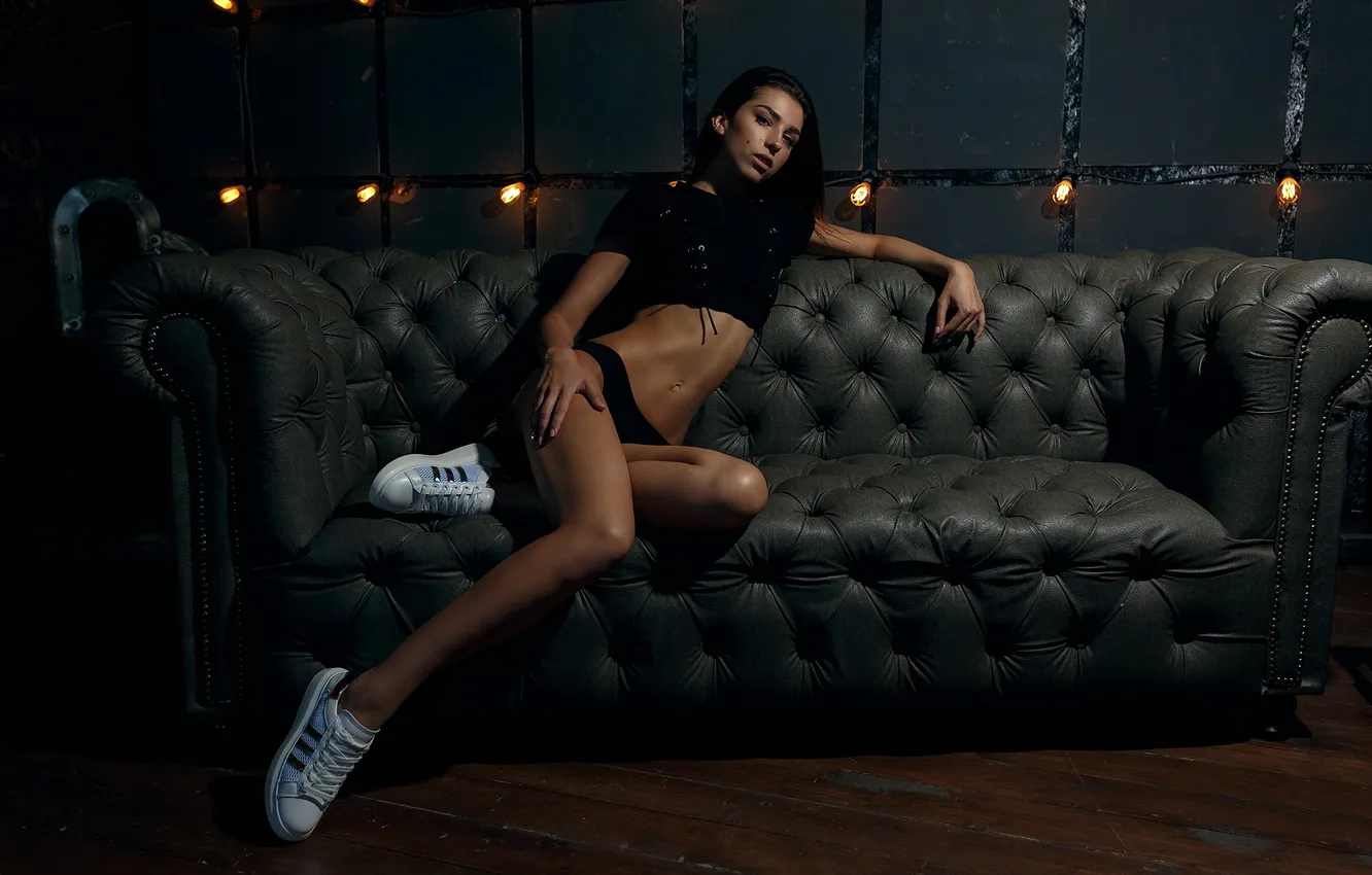 Фото обои women, brunette, couch, black panties, sneakers