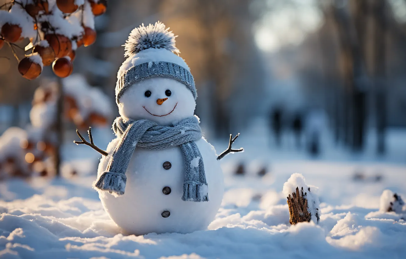Фото обои зима, снег, Рождество, Новый год, снеговик, Christmas, winter, snow