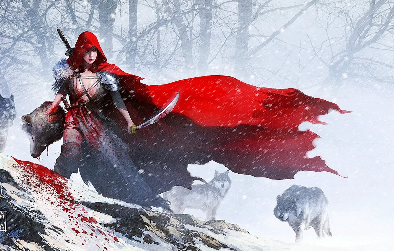 Фото обои девушка, снег, оружие, кровь, меч, красная шапочка, голова, арт