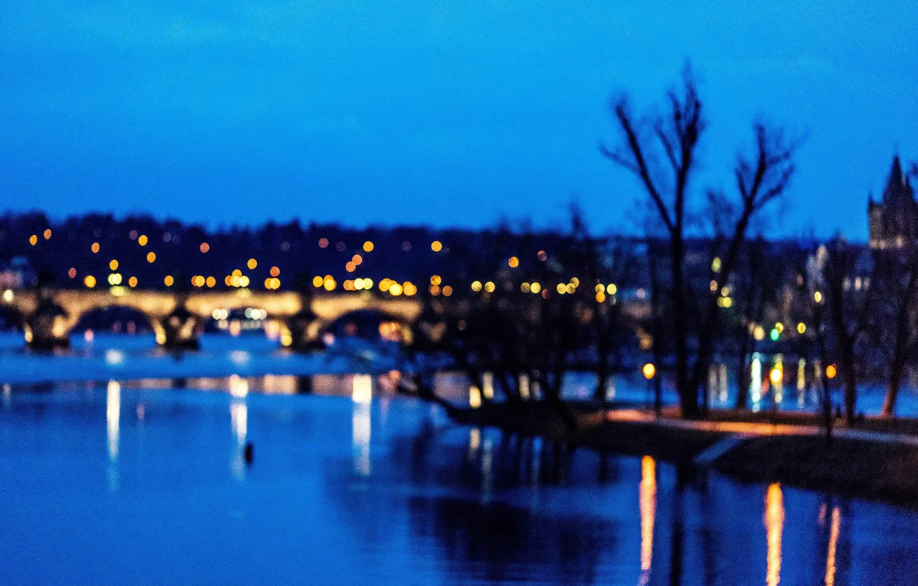 Фото обои lights, twilight, dusk, reflection, Prague, blue hour, Czech Republic, Charles Bridge