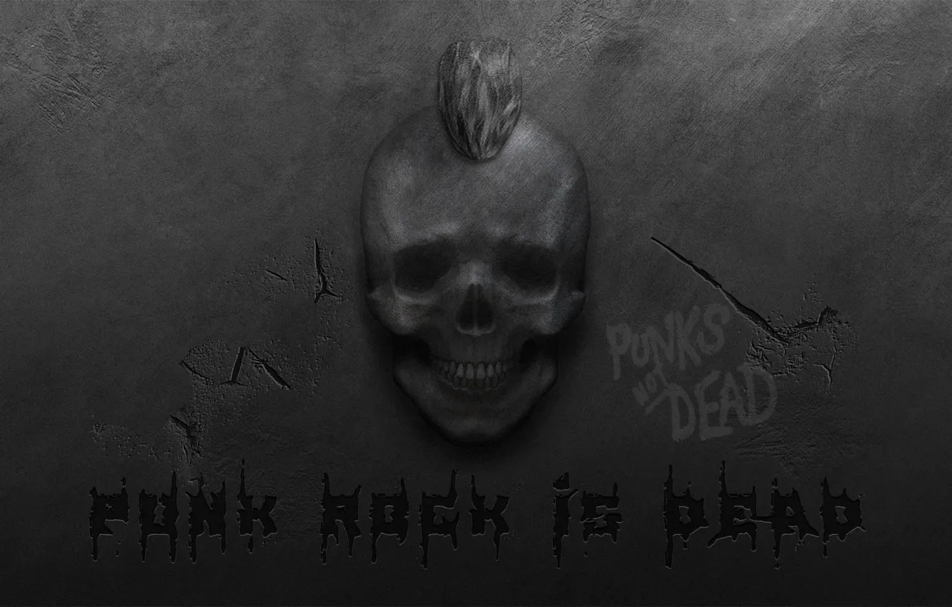 Фото обои трещины, стена, череп, ирокез, punk rock, панк-рок, панк-рок мертв, punk rock is dead