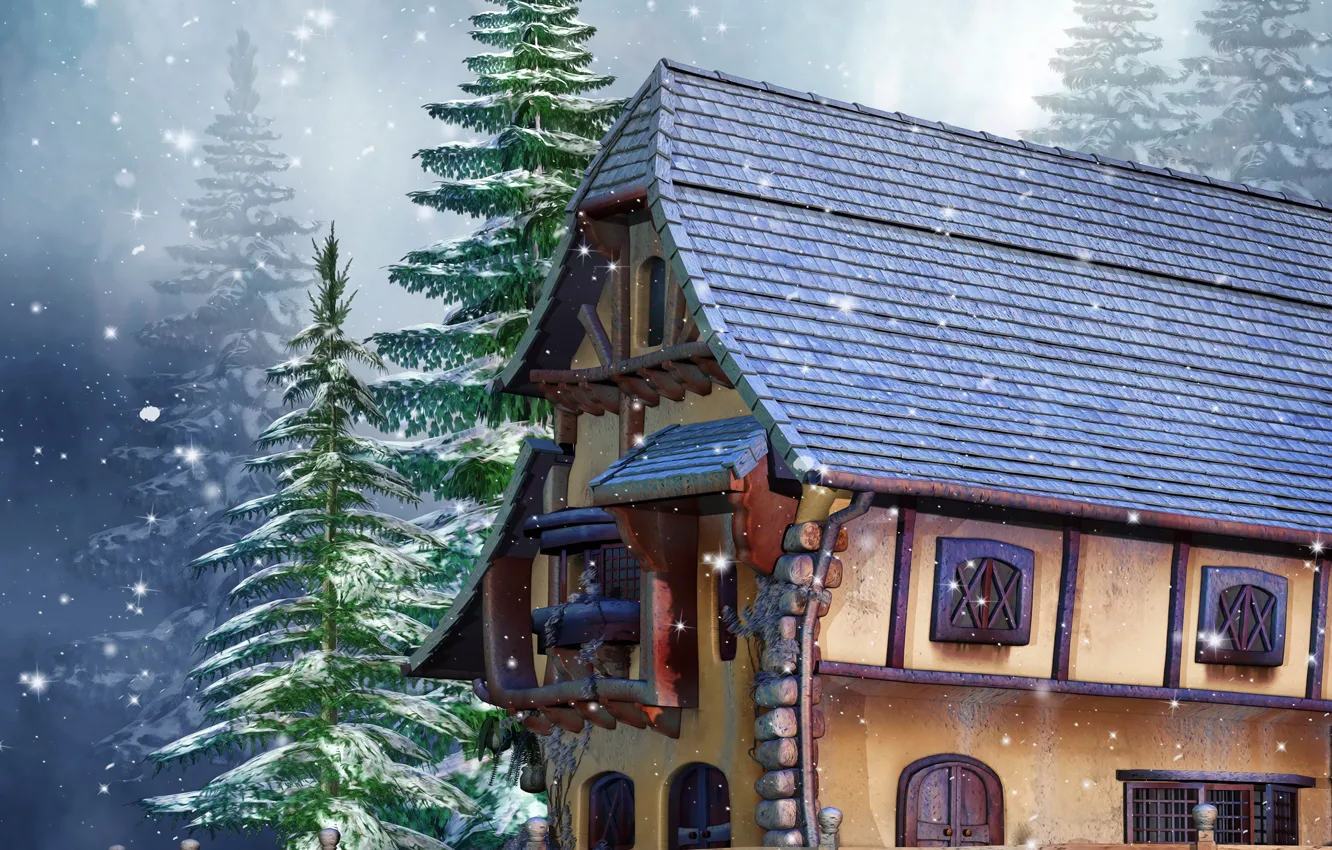 Фото обои зима, снег, дом, фото, забор, ель, 3D графика