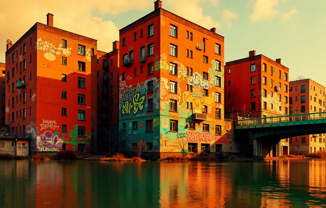 Фото обои graffiti, river, building