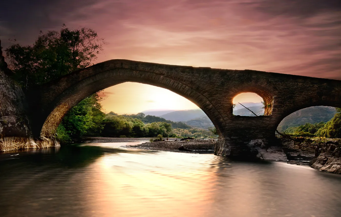 Фото обои пейзаж, закат, мост, природа, река, Греция, леса, берега