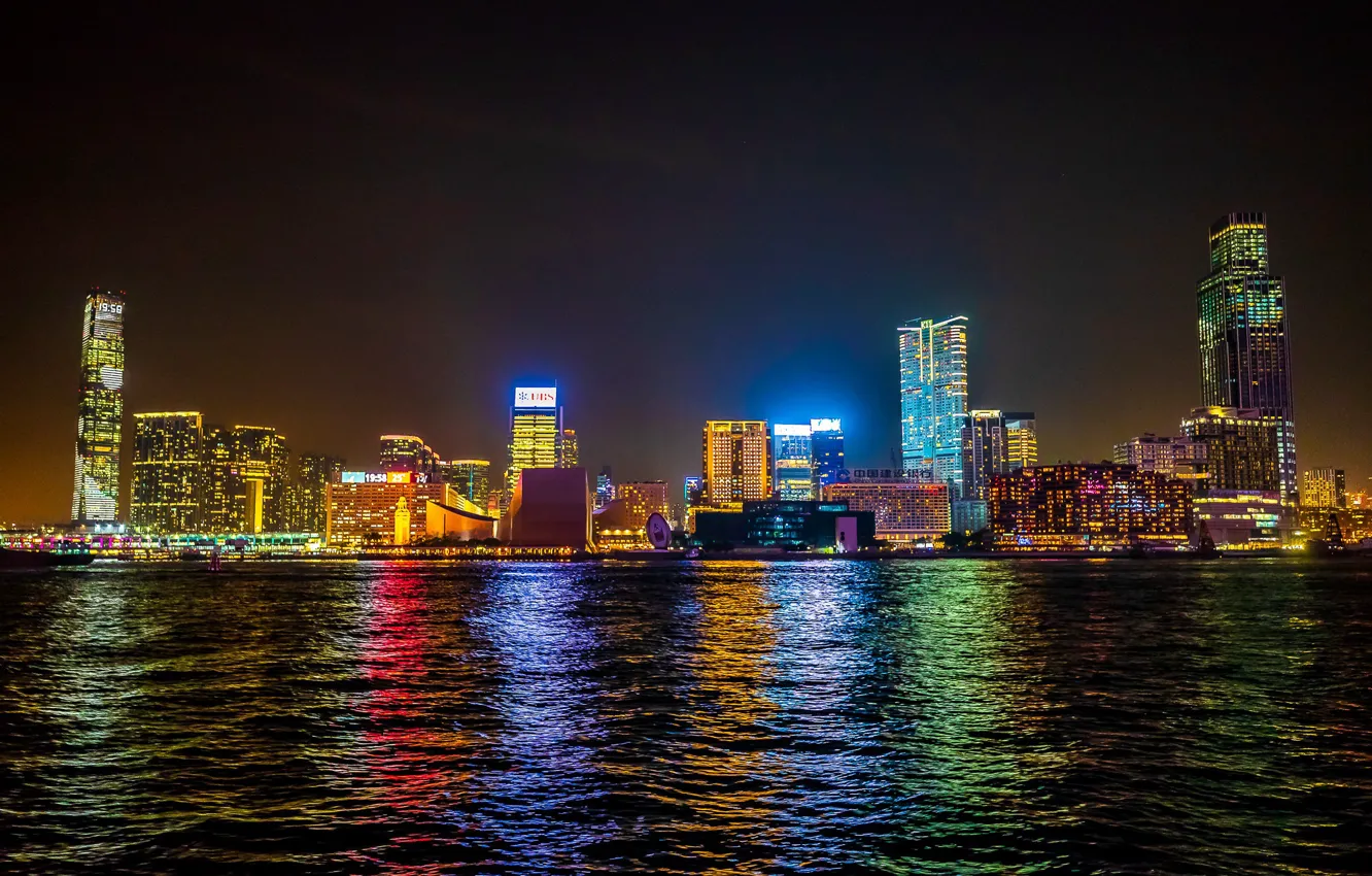 Фото обои city, lights, colors, sea, water, night, city lights, Hong Kong