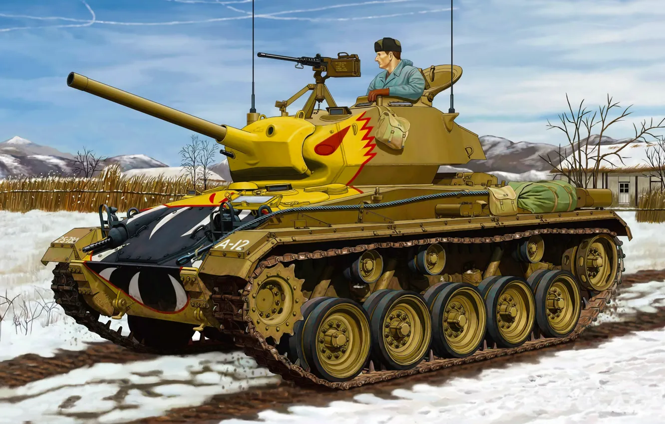 Фото обои war, art, painting, tank, ww2, M24 Chaffee
