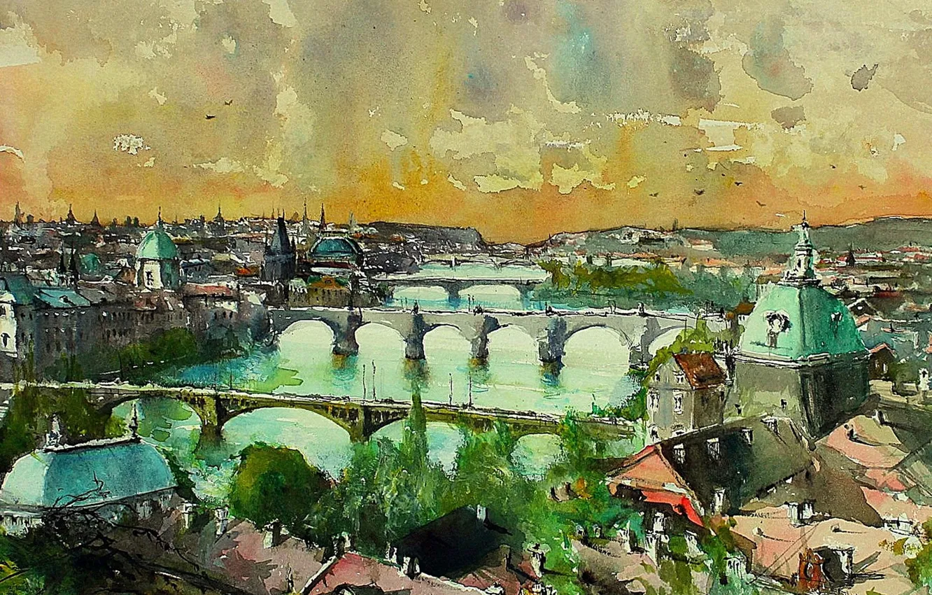 Фото обои река, картина, Прага, акварель, панорама, мосты, городской пейзаж, Максимилиан Дамико
