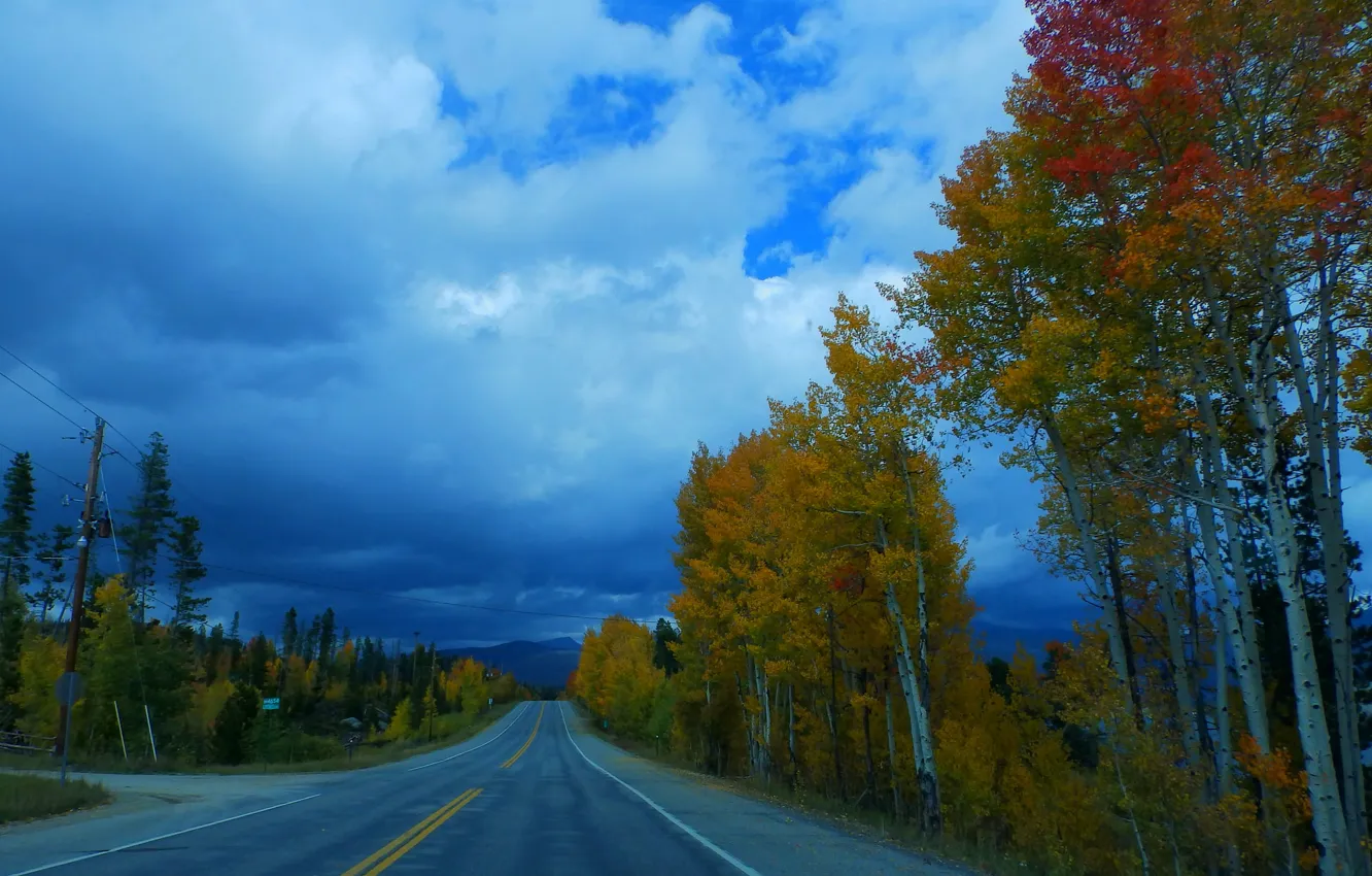 Фото обои дорога, осень, небо, деревья, горы, тучи