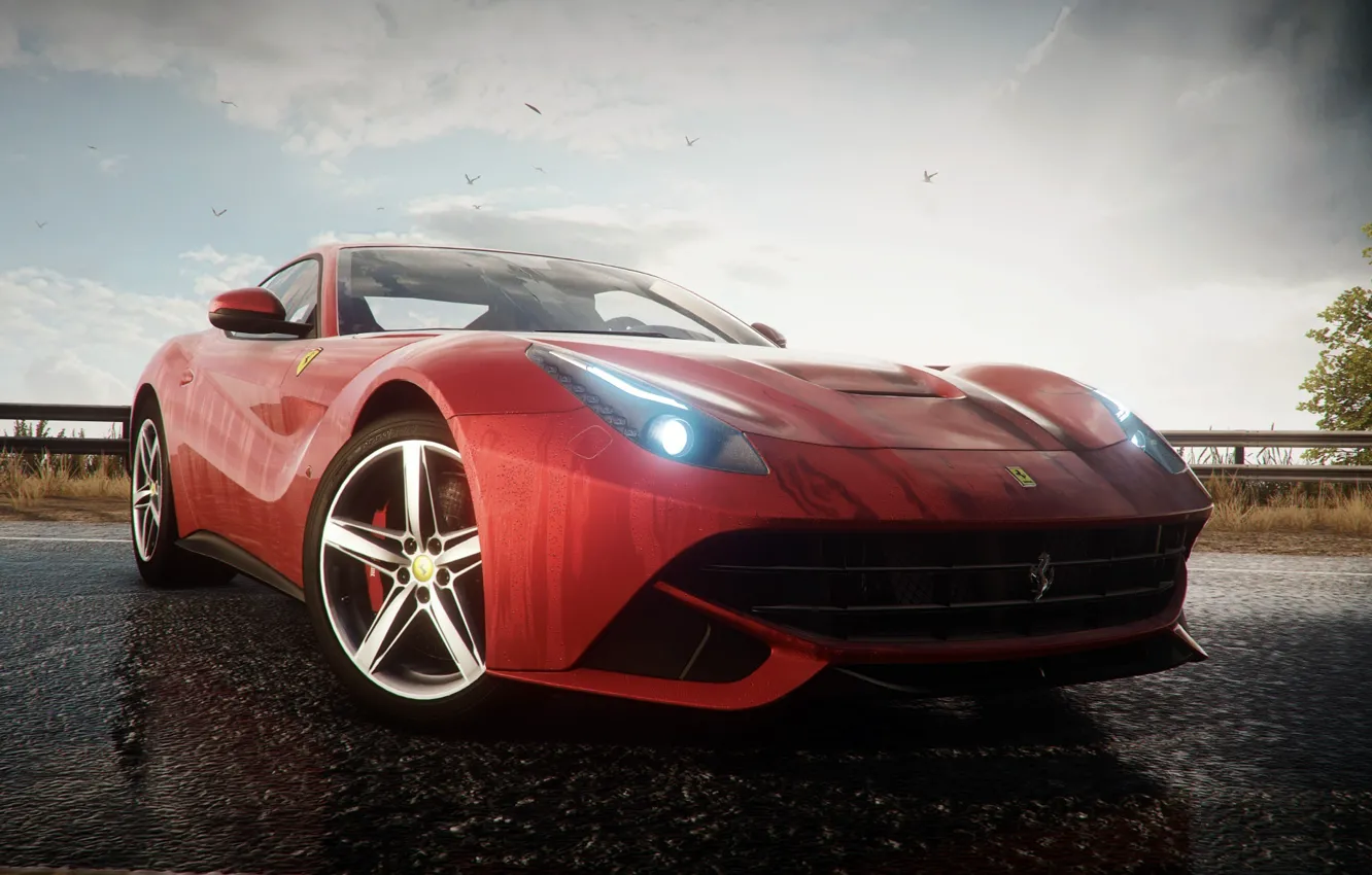 Фото обои суперкар, ракурс, дарога, отрожение, Need for Speed Rivals, Ferrari F12 Berlinetta