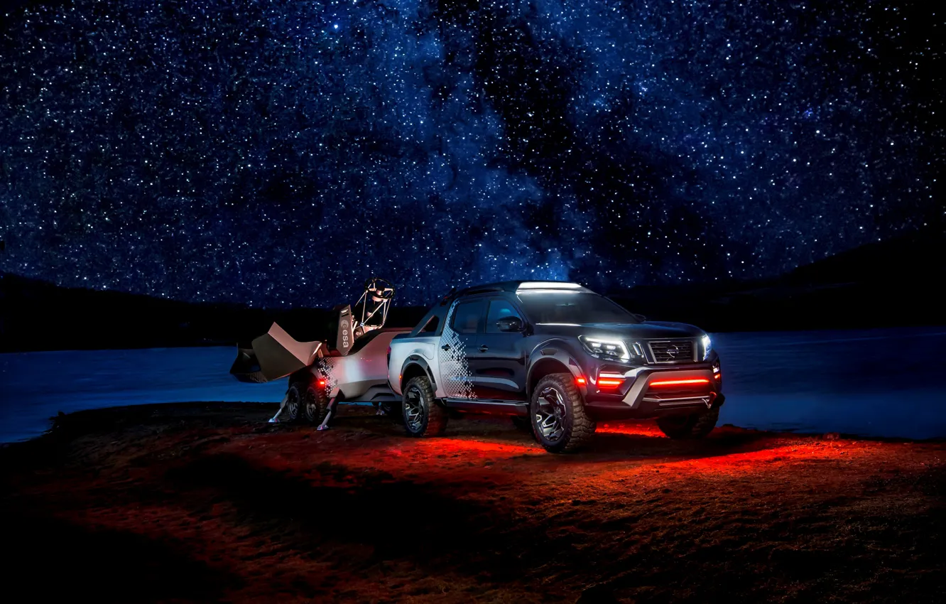 Фото обои ночь, звёзды, подсветка, Nissan, пикап, прицеп, 2018, Navara