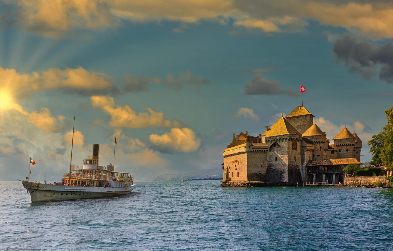 Фото обои пейзаж, озеро, замок, корабль, Швейцария, башни, Женевское озеро, Шильон