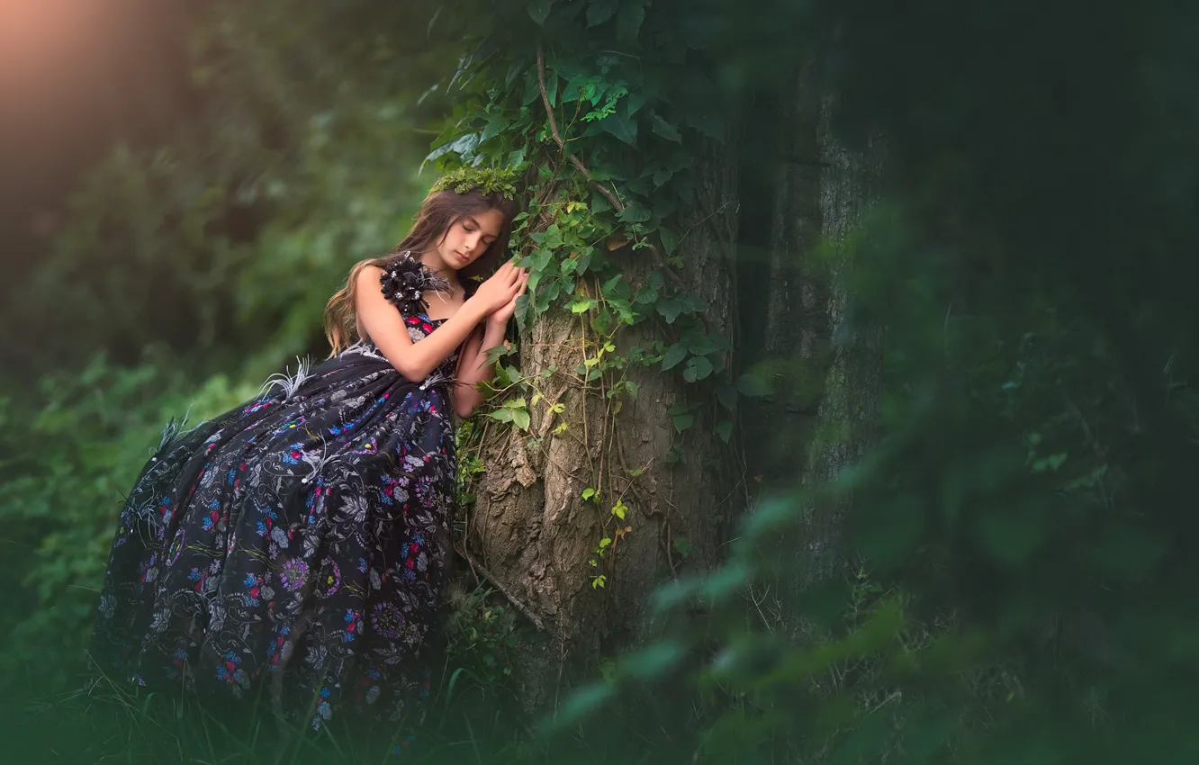 Фото обои дерево, сон, платье, девочка, боке, спящая девочка