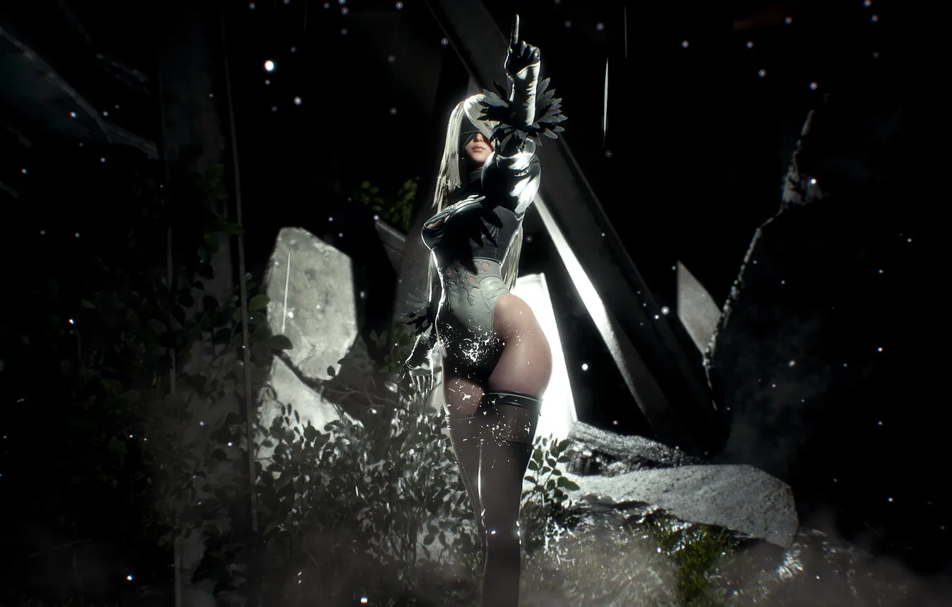Фото обои PlayStation, thighs, dark background, blindfold, Nier Automata, Stellar Blade, Eve