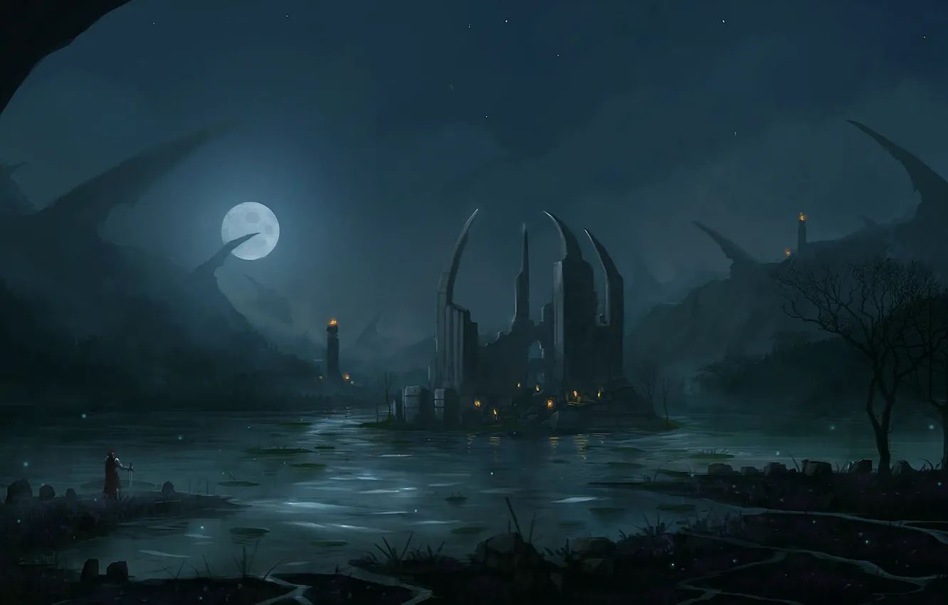 Фото обои ночь, огни, озеро, луна, человек, остров, меч, арт
