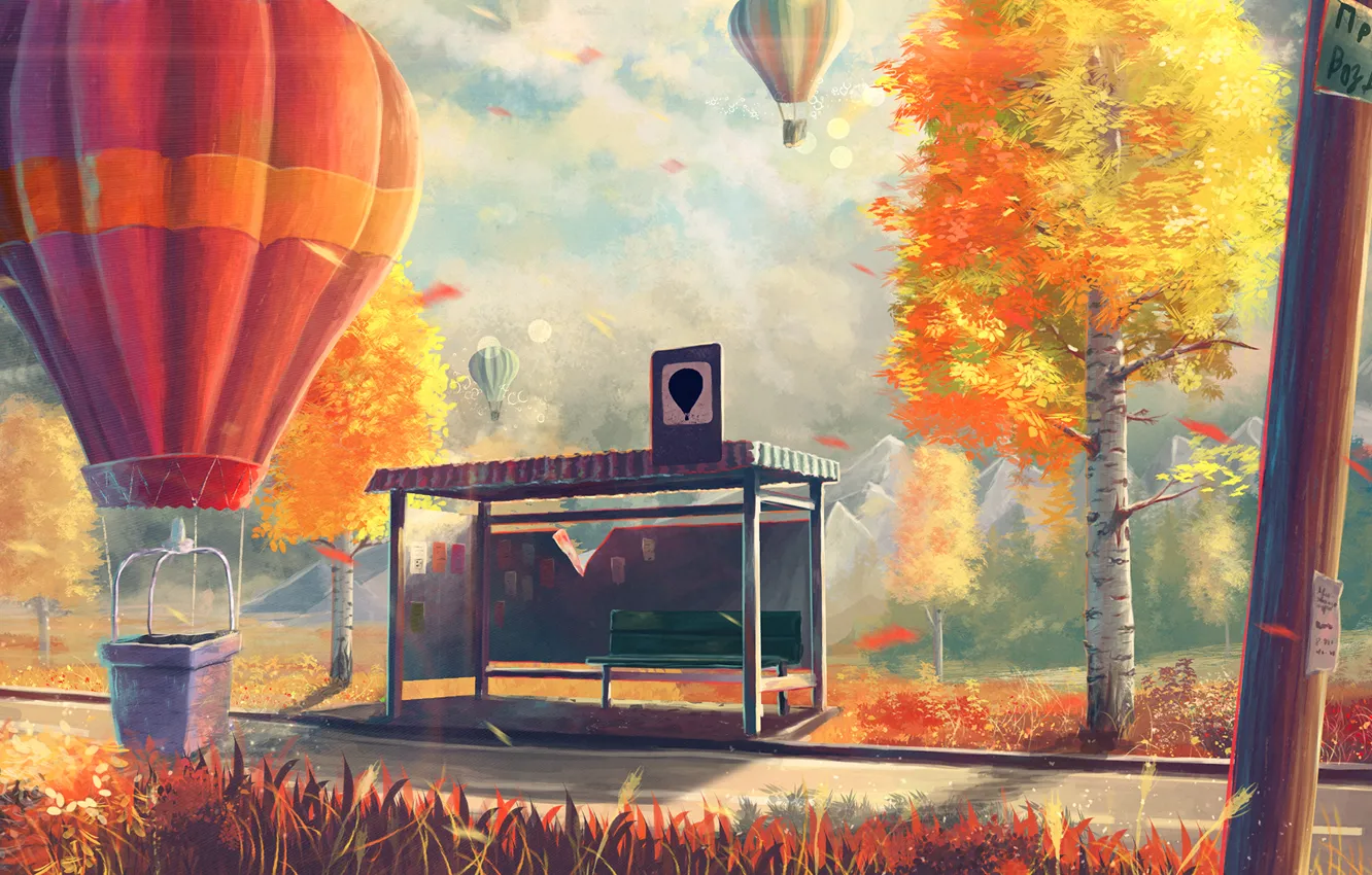 Фото обои осень, деревья, воздушные шары, арт, лавочка, берёзы, остановка