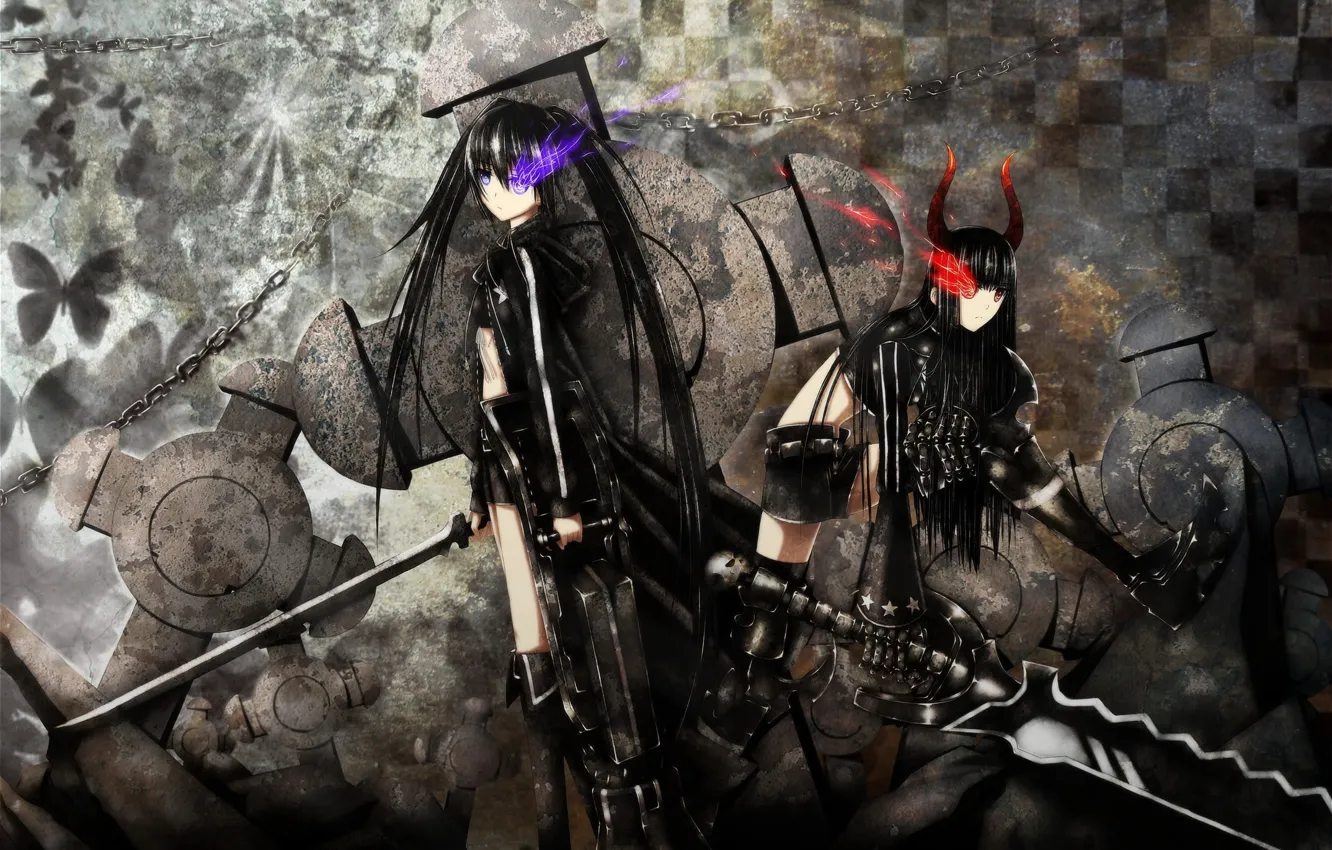 Фото обои оружие, девушки, меч, аниме, арт, рога, black rock shooter, стрелок с черной скалы