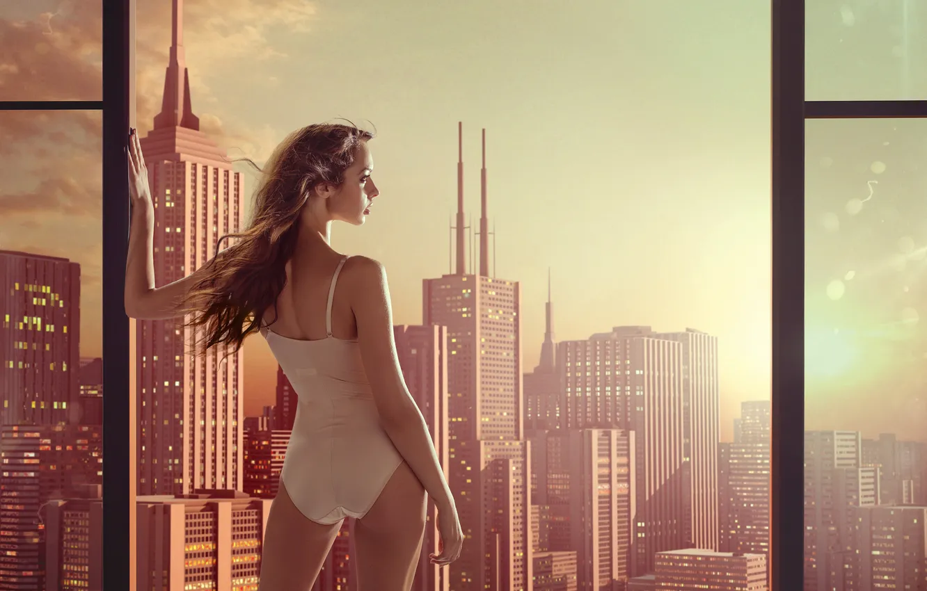 Фото обои купальник, девушка, город, ветер, окно, профиль, шатенка, небоскрёбы