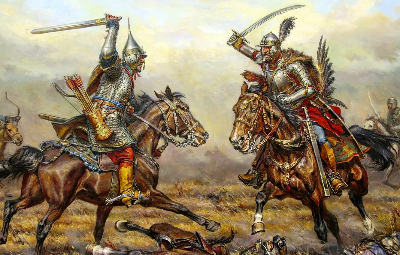 Фото обои кони, доспехи, битва, воины, поляк, гусар, русичь